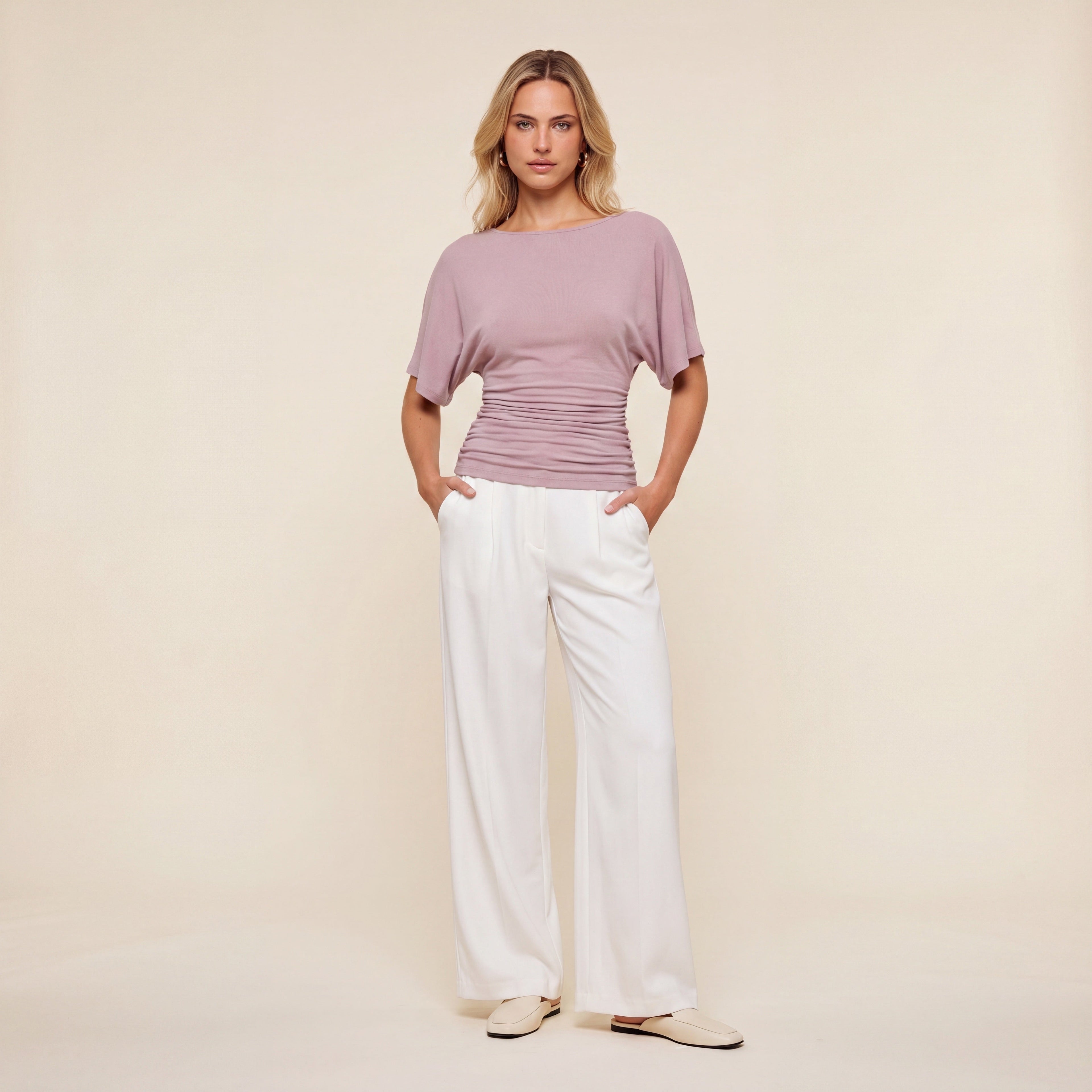 Everyday Ruched Boatneck Batwing Top