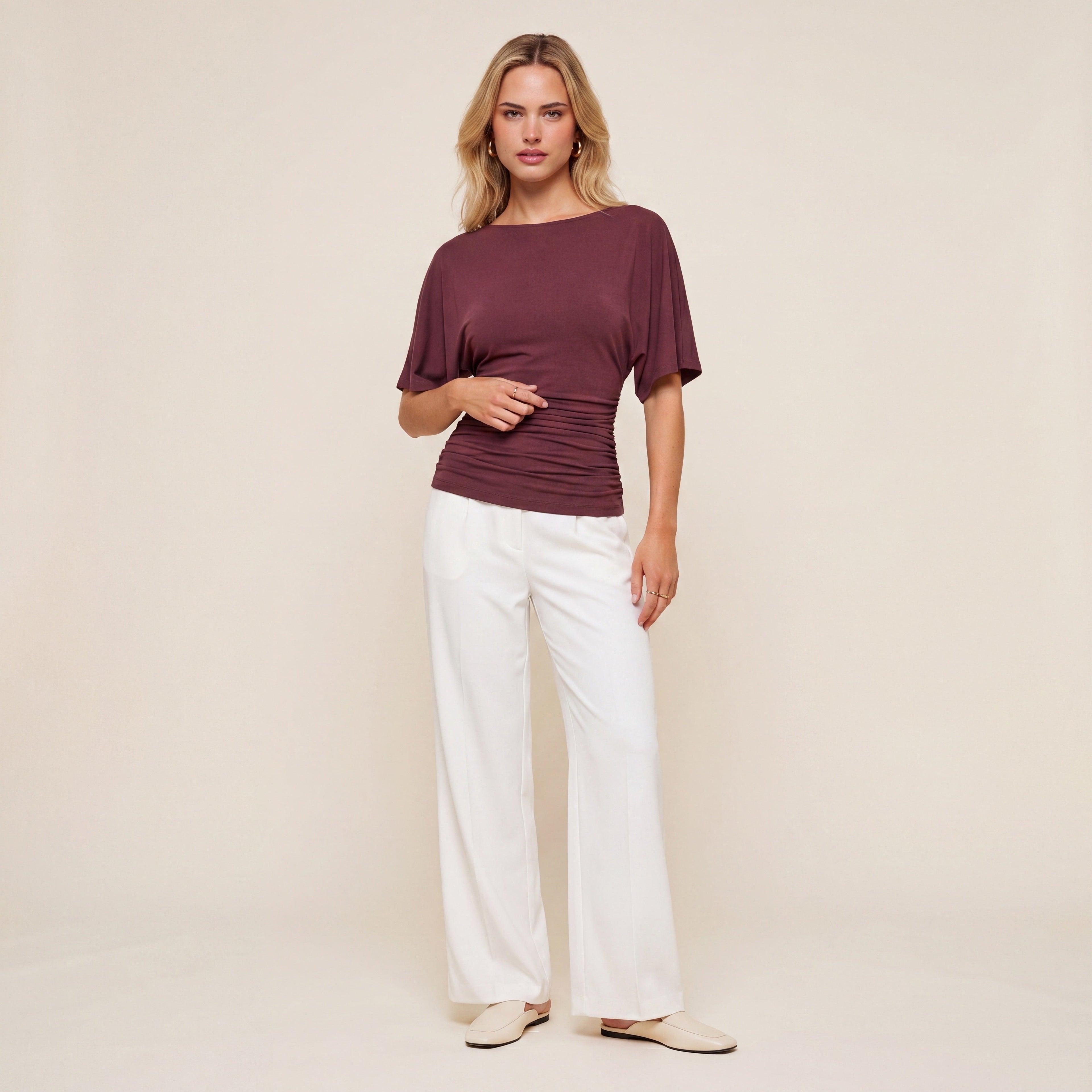 Everyday Ruched Boatneck Batwing Top